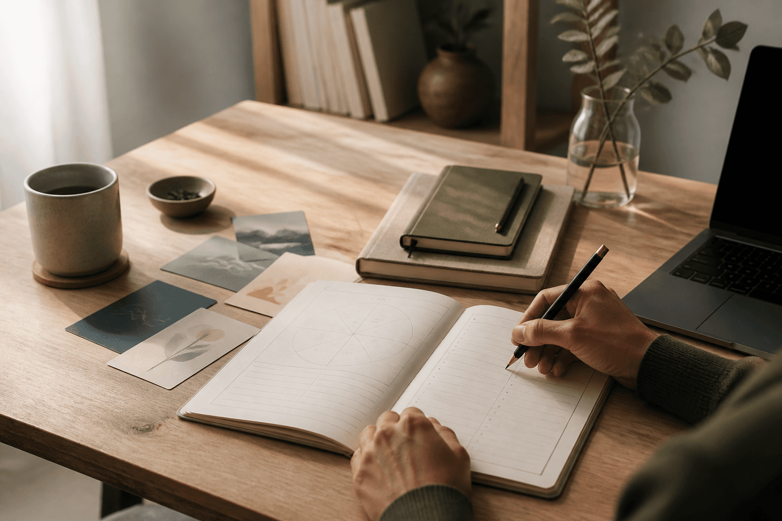 A calm desk with a workbook, planning cards, and a laptop for reflective career planning.